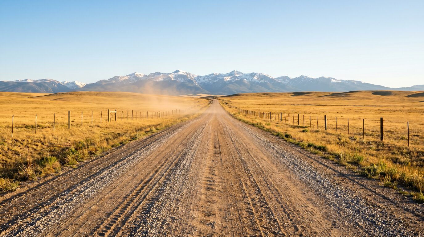 Schotterstraße, die von der Ranch in Richtung der Bighorn Mountains führt