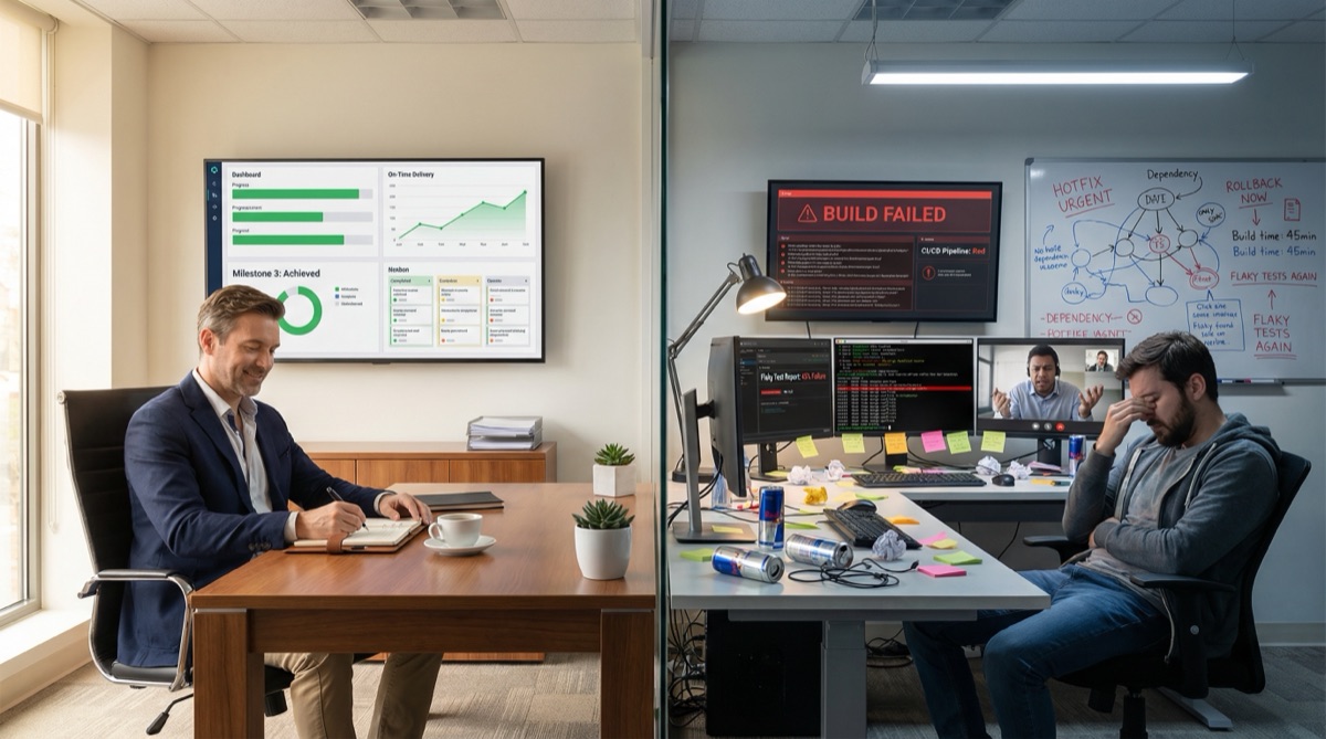 Developer surrounded by tangled cables and system diagrams representing technical friction blocking delivery flow