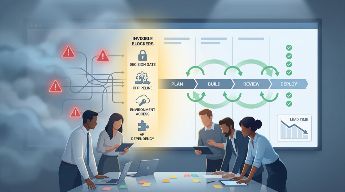 Developer am Schreibtisch mit mehreren Monitoren, die chaotische Zeitpläne, widersprüchliche Schätzungen und Fragezeichen zeigen, die unvorhersehbare Auslieferung repräsentieren