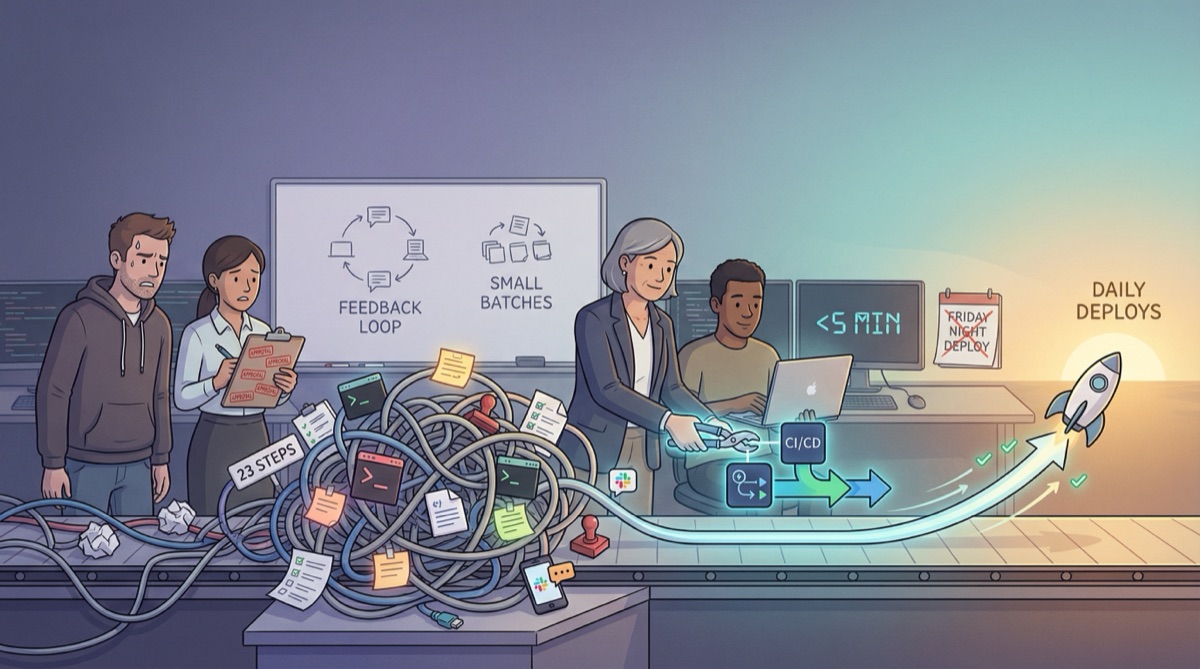 Entwickler am Schreibtisch umgeben von Auslieferungsprozess-Diagrammen, Checklisten und Freigabeformularen, die Auslieferungs-Reibung darstellen