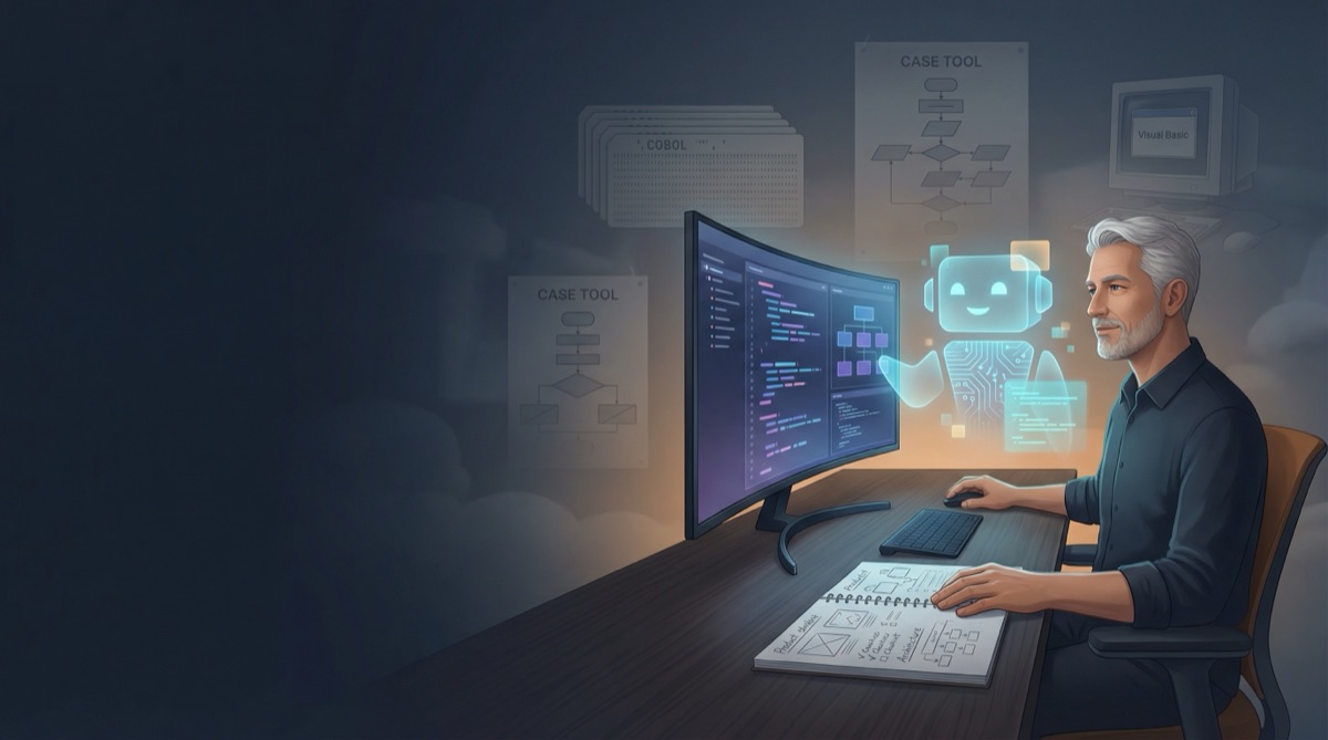 Ein erfahrener Entwickler arbeitet ruhig mit einer abstrakten KI-Präsenz zusammen